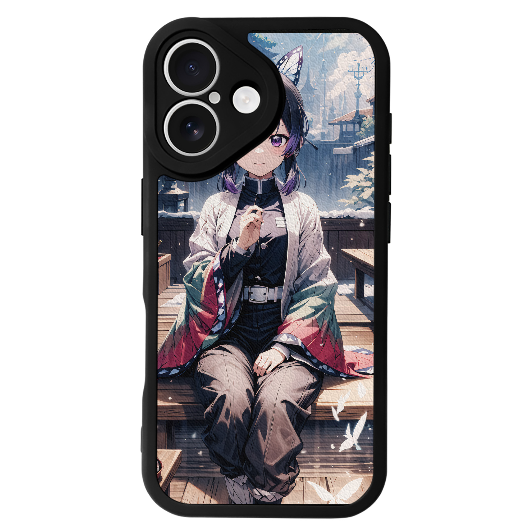 （画像用） 鬼滅の刃（きめつのやいば）蟲柱-胡蝶 しのぶ／こちょう しのぶ Kochou Shinobu 【iPhone 16シリーズ対応】シリコンスマホケース（レザー調） 材質：シリコン